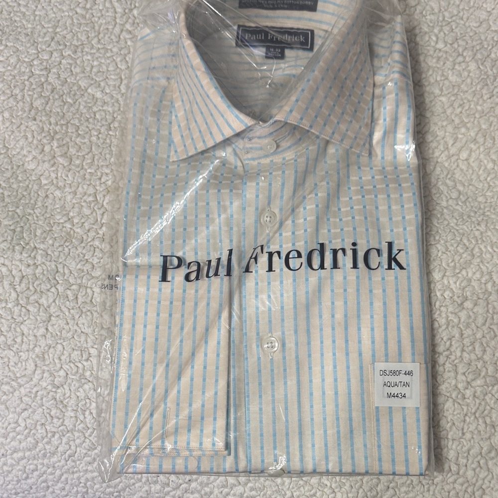 Paul Fredrick Men's Beige and Light Blue Dress Shirt cuffing